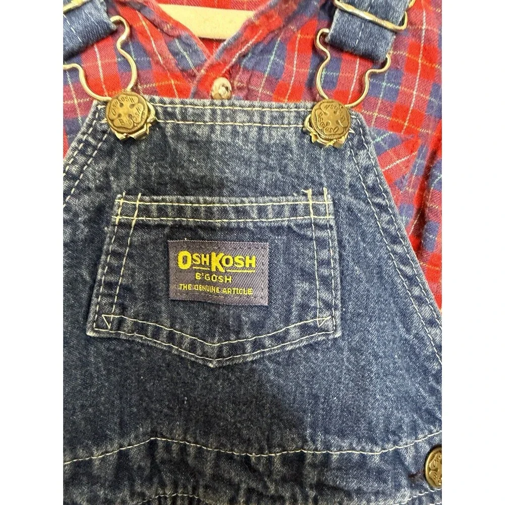 Vintage Oshkosh Vestbak Denim Boys Plaid Overalls & Shirt 12 Months 90s Holiday